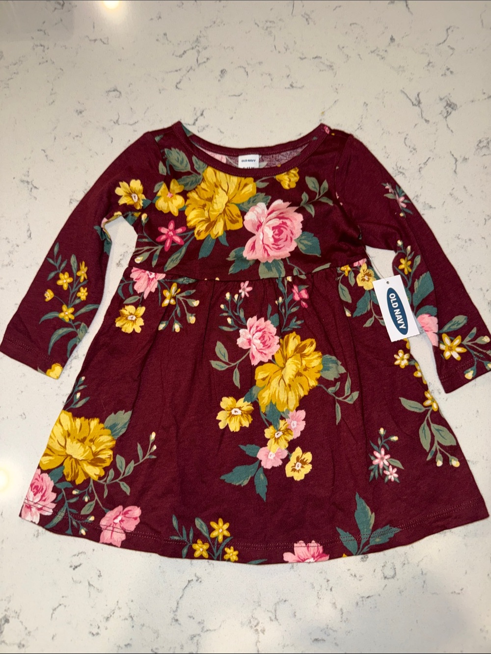 Old Navy Burgundy Floral Long Sleeve Girls Dress-6 to 12 Months